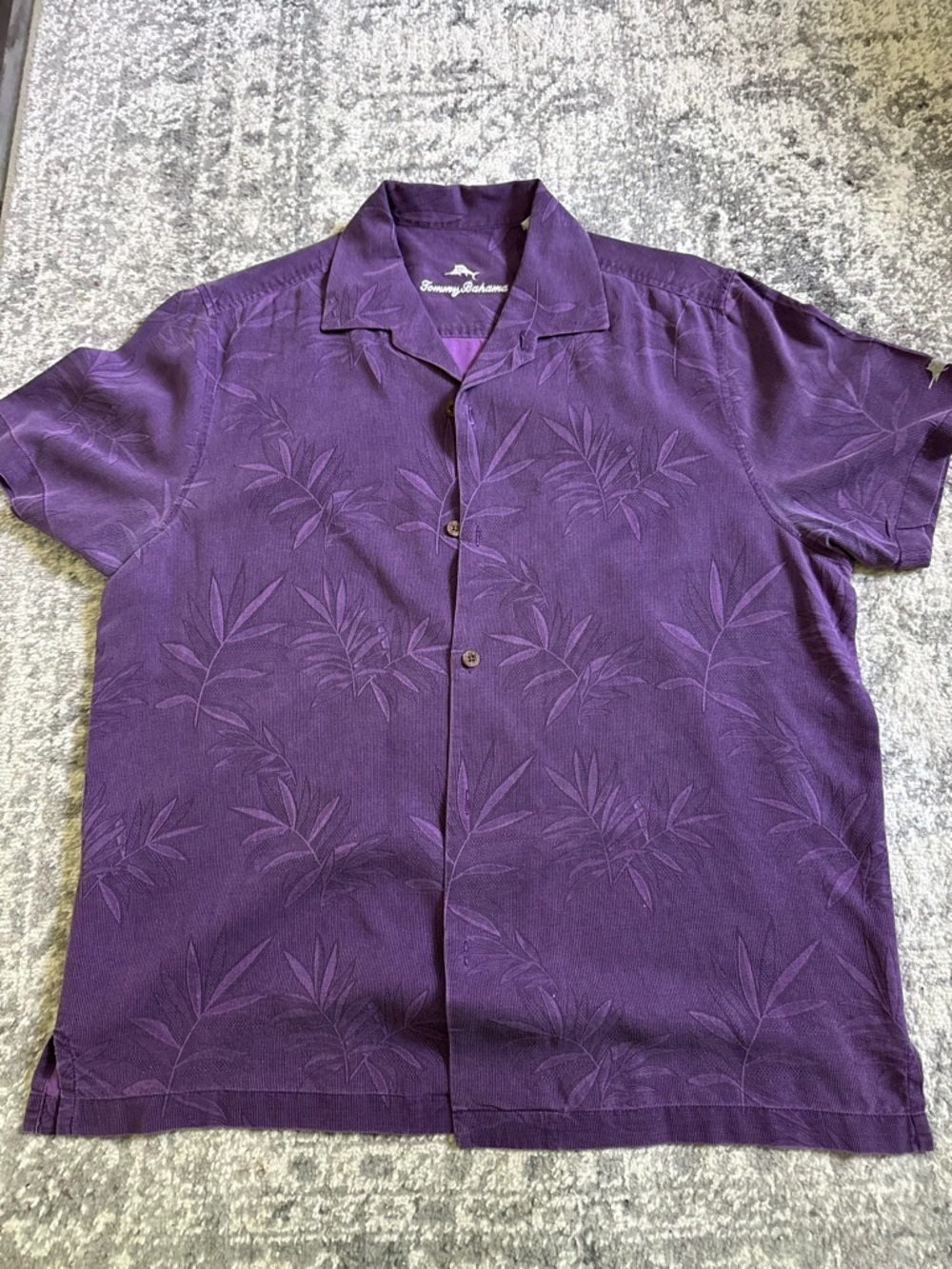 Tommy Bahama Purple Short-Sleeve Camp Shirt with Tonal Leaf Jacquard